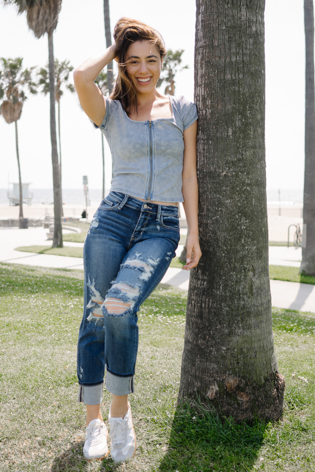 Kristen Mid Rise Cuffed Distressed Boyfriend Jeans โ Judy Blue