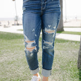 Kristen Mid Rise Cuffed Distressed Boyfriend Jeans
