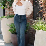 Lisa High Rise Button Fly Hem Distressed Straight Jeans