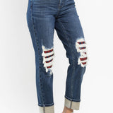 Charlotte Mid Rise Buffalo Plaid Knee Ripped Patches & Cuff Boyfriend Jeans