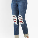 Charlotte Mid Rise Buffalo Plaid Knee Ripped Patches & Cuff Boyfriend Jeans