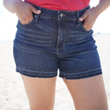 Lana High Rise Tummy Control Distressed Release Hem Shorts - PLUS