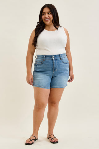 Erin Tummy Control Cool Denim Double Waistband Shorts - PLUS