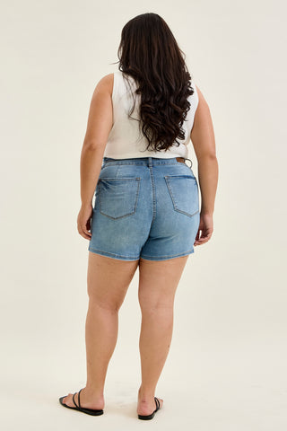 Erin Tummy Control Cool Denim Double Waistband Shorts - PLUS