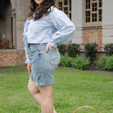 Elle Button Fly Mid-Length Shorts With Distressing - PLUS