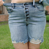 Elle Button Fly Mid-Length Shorts With Distressing - PLUS