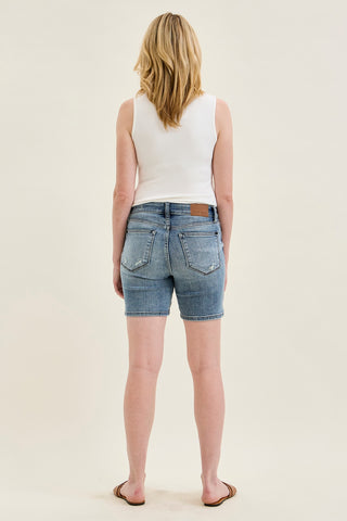 Louisa Button Fly Mid-Length Shorts With Distressing