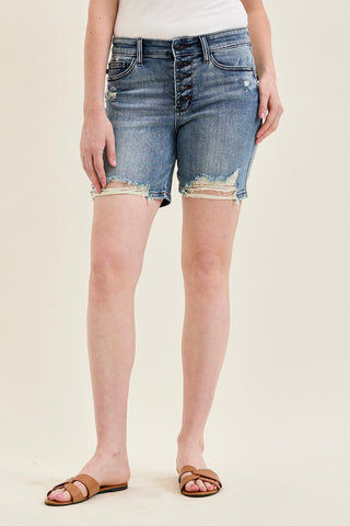 Louisa Button Fly Mid-Length Shorts With Distressing