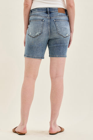 Louisa Button Fly Mid-Length Shorts With Distressing