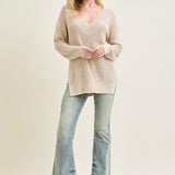 Slouchy V-Neck Off Shoulder Beige Sweater