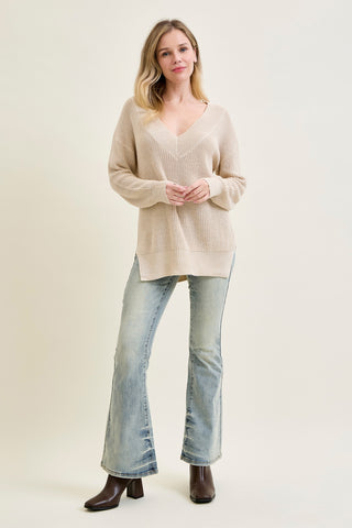Slouchy V-Neck Off Shoulder Beige Sweater