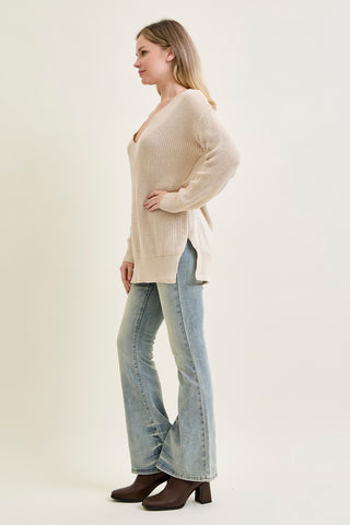 Slouchy V-Neck Off Shoulder Beige Sweater