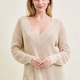 Slouchy V-Neck Off Shoulder Beige Sweater