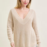 Slouchy V-Neck Off Shoulder Beige Sweater