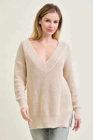 Slouchy V-Neck Off Shoulder Beige Sweater