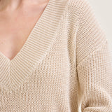 Slouchy V-Neck Off Shoulder Beige Sweater