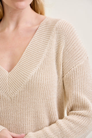 Slouchy V-Neck Off Shoulder Beige Sweater
