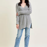 Slouchy V-Neck Off Shoulder Grey Sweater