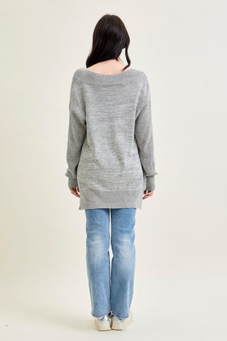 Slouchy V-Neck Off Shoulder Grey Sweater