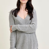 Slouchy V-Neck Off Shoulder Grey Sweater
