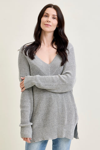 Slouchy V-Neck Off Shoulder Grey Sweater