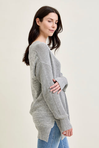 Slouchy V-Neck Off Shoulder Grey Sweater