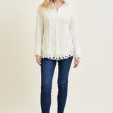 Cable Front Fringe Pullover White Sweater