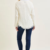 Cable Front Fringe Pullover White Sweater