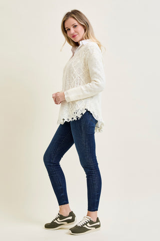Cable Front Fringe Pullover White Sweater