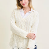 Cable Front Fringe Pullover White Sweater