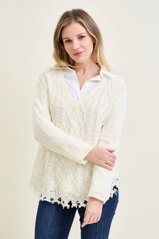 Cable Front Fringe Pullover White Sweater