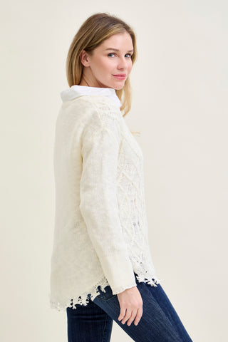 Cable Front Fringe Pullover White Sweater