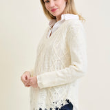 Cable Front Fringe Pullover White Sweater