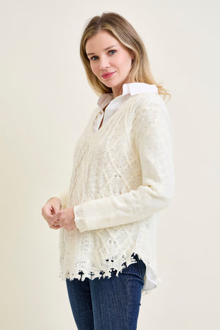 Cable Front Fringe Pullover White Sweater