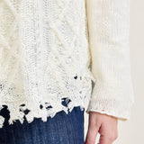 Cable Front Fringe Pullover White Sweater