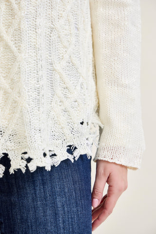 Cable Front Fringe Pullover White Sweater