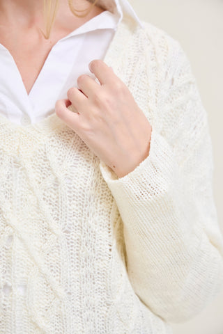 Cable Front Fringe Pullover White Sweater