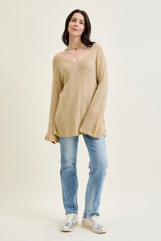 V-Neck Cut Out Pullover Beige Sweater