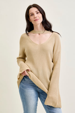 V-Neck Cut Out Pullover Beige Sweater