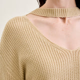 V-Neck Cut Out Pullover Beige Sweater