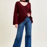 V-Neck Cut Out Pullover Burgundy Sweater