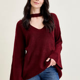 V-Neck Cut Out Pullover Burgundy Sweater