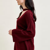V-Neck Cut Out Pullover Burgundy Sweater