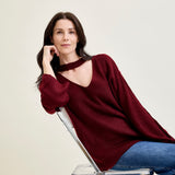 V-Neck Cut Out Pullover Burgundy Sweater
