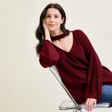 V-Neck Cut Out Pullover Burgundy Sweater