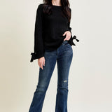 Tie Sleeve Pullover Black Sweater