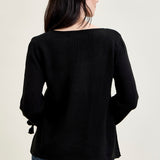 Tie Sleeve Pullover Black Sweater