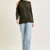 Cold Shoulder Cable Pullover Green Sweater