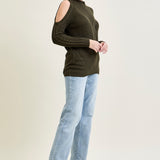 Cold Shoulder Cable Pullover Green Sweater