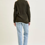 Cold Shoulder Cable Pullover Green Sweater